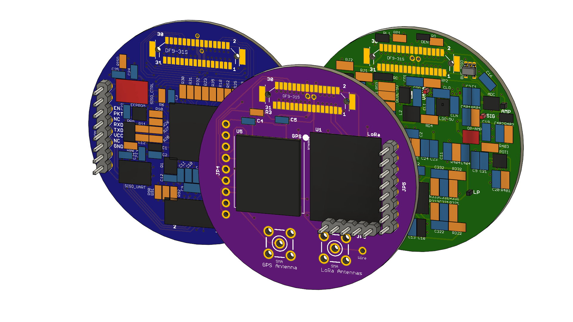 three PCBs, including custom designed PCB